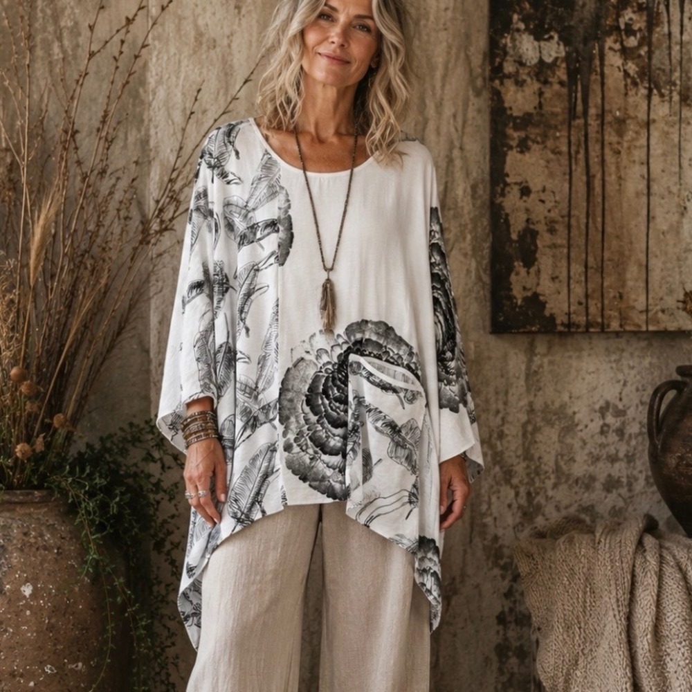 Fleur de Lis Tunic Top M Floral Asymmetric Boho Kimono Sleeve Neutral V Back